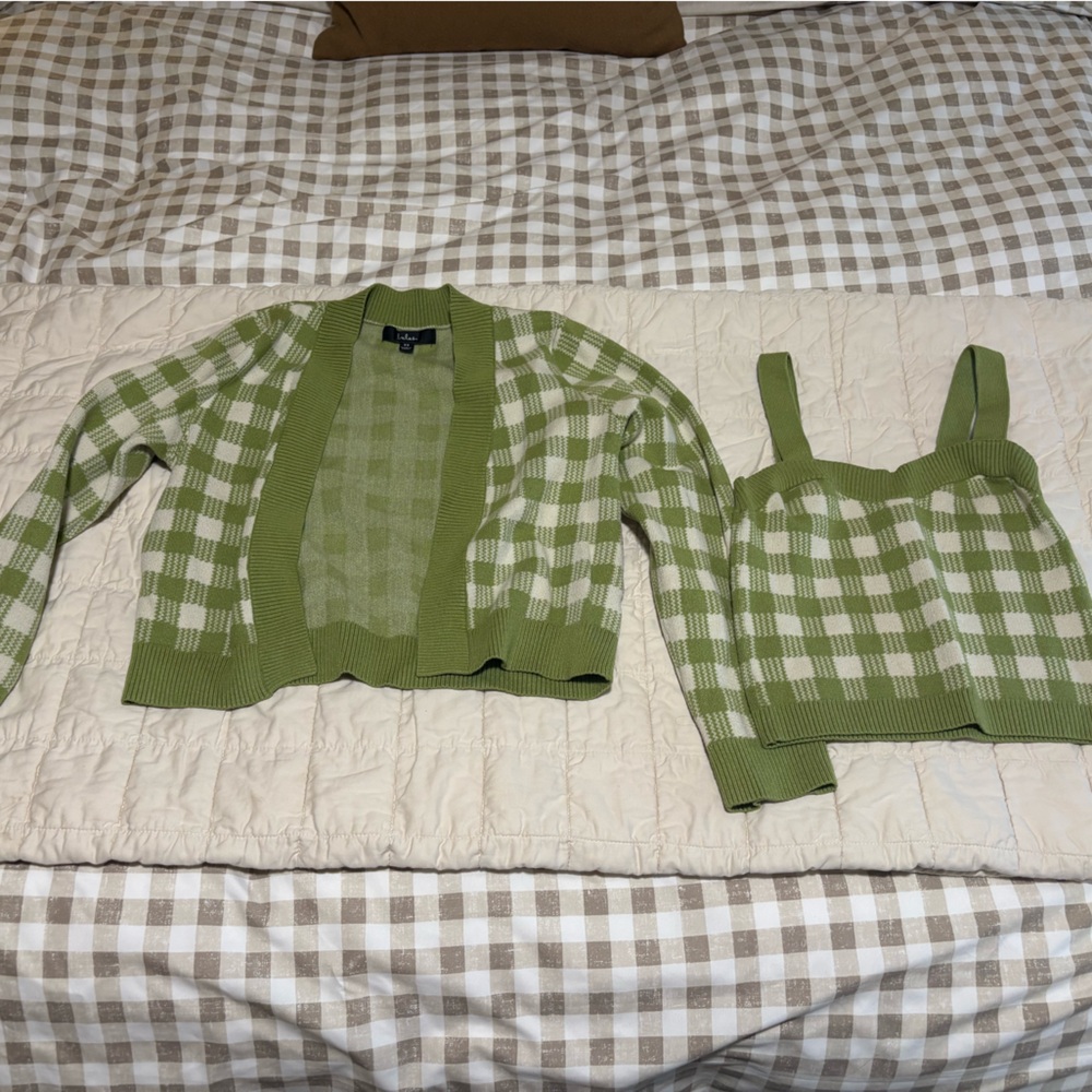 Lulus Green Checkered Tank and Cardigan Set